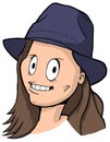 Caricature of girl with brown hair, big eyes and blue hat