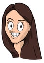 Caricature of girl with dark brown hair, big eyes and big smile