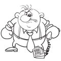 Caricature of a man holding a phone in oxer gloves, sketch, isolated object on a white background, vector illustration