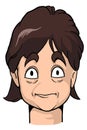 Caricature of middle aged woman with dark brown hair, bold eyebrows and narrow smile