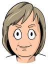 Caricature of middle aged woman with dirty blonde hair, bold eyebrows, round eyes and narrow smile