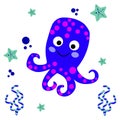 Caricature of an Ocean Octopus. Vector baby drawing. Cute illustration with a sea animal. Funny comic creature