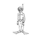 Caricature, standing funny diver saboteur in diving suit with mask & fins