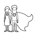 Caricature thick contour faceless full body couple parents super hero with uniform and cap