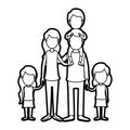 Caricature thick contour faceless group family parents with boy on his back and daugthers taken hands Royalty Free Stock Photo