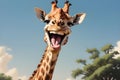 Caricature of a very large toothy wide smile smiling giraffe. giraffe looks at the camera with a white smile. Playground