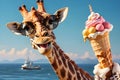 Caricature of a very large toothy wide smile smiling giraffe. giraffe in sunglasses with an ice cream with a white smile