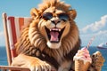 Caricature of a very large toothy wide smile smiling Lion. Lion in sunglasses with an ice cream with a white smile looks