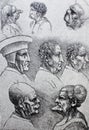 Caricatures of different people with letters by Leonardo Da Vinci in the vintage book Leonardo Da Vinci by M. Sumtsov, Kharkov,