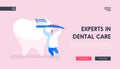 Caries Prevention and Treatment Landing Page Template. Tiny Dentist Doctor Character Care of Huge Tooth Carry Brush