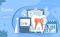 Caries vector concept for dentist landing page. Tiny dentists help toothache, treat pulpitis, to whiten enamel