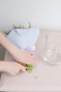 Caring for a bouquet of flowers, step by step. Cut the stems and put in a vase. Young woman holding a beautiful bunch of Royalty Free Stock Photo