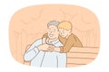 Caring boy child hug smiling mature granddad