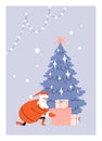 Caring cartoon Santa puts a gift box under the Christmas tree with presents. Greeting card with Santa. Vector stock