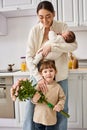 caring cheerful family in housewear posing