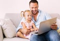 Caring dad providing children`s online privacy protection