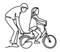 Caring dad teaching daughter to ride bike for the first time. Father man helping girl kid riding bicycle. Continuous