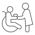Caring for a disabled person thin line icon, disability concept, nurse and wheelchair user sign on white background