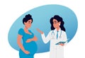 A caring doctor is talking to an expectant mother. Gynecologist-obstetrician consultation of a pregnant woman. A