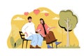 Caring for each other concept. Happy loving couple talks sitting on bench in park situation. Relationship people scene. Vector Royalty Free Stock Photo