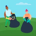 Spring cleaning. Vector illustration of a guy and a girl cleaning, removing garbage, taking care of the environment