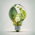 Caring for the environment, energy saving. Light bulb with leaves. Generative AI