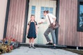 Caring father leaving home with his daughter while taking her to the school Royalty Free Stock Photo