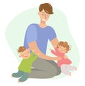 Caring father plays with children. Happy family. The upbringing and care of children. Flat style in vector