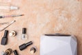 Caring for female nails, manicure, on a white background with care tools, with space for advertising the business of beauty salons