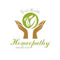 Caring hands holding green spring leaves. Wellness center abstract modern emblem for use in medical .