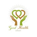 Caring hands holding heart. Alternative medicine concept, vector phytotherapy logo.