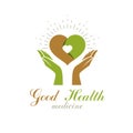 Caring hands holding heart. Alternative medicine concept, vector phytotherapy logo.