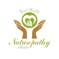 Caring hands holding heart, vector graphic symbol. Homeopathy creative logo.