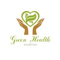 Caring hands holding heart, vector graphic symbol. Homeopathy creative logo.