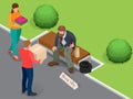 Caring for homeless. Help Homeless. Dirty homeless man holding sign asking for help. Flat 3d isometric vector