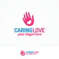 Caring love logo set with hand and heart