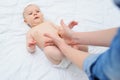 caring mother gives her baby son a tummy massage and helps to get rid of colic.