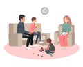 Caring parents and misbehaving boy during therapy session with psychologist counselor. Vector illustration Royalty Free Stock Photo