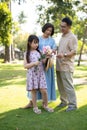 Caring senior Asian grandparents and little granddaughter are having fun in the green park together