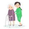 Caring for seniors, helping moving around. Elderly care. Vector illustration. Royalty Free Stock Photo