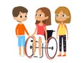 Caring and Support for the disabled child. Disabled girl sitting in a wheelchair. Disabled girl and her friends. vector