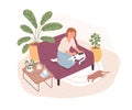 Caring woman stroking cute cat sitting on couch together vector flat illustration. Happy female owner of two pets