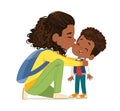 Caring young African American mother embracing kissing cute little daughter feeling love and tenderness vector flat