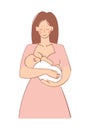 A caring young mother breastfeeds her newborn baby. The concept of motherhood and parenthood. Flat vector illustration