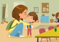 Caring young mother giving goodbye kiss to cute little son at kindergarten vector flat illustration Royalty Free Stock Photo