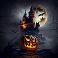 Carled terrible pumpkin against the background of an old gloomy night castle