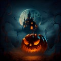 Carled terrible pumpkin against the background of an old gloomy night castle