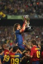 Carles Puyol holds up La Liga Trophy