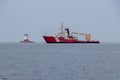 Carling, Ontario, Canada - 07-17-21: Samuel Risley Canadian Coast Guard ship anchored at Red Rock on Georgian Bay for maintance on