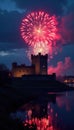 Carlisle Castle silhouetted against vibrant firework display, dark, explosion Royalty Free Stock Photo